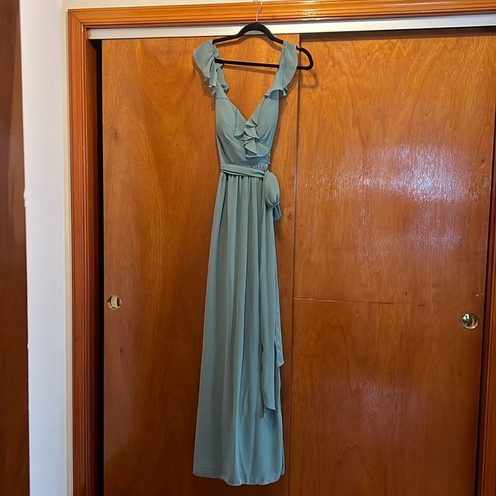 Revelry Valerie Chiffon Faux Wrap Dress Rosemary Color